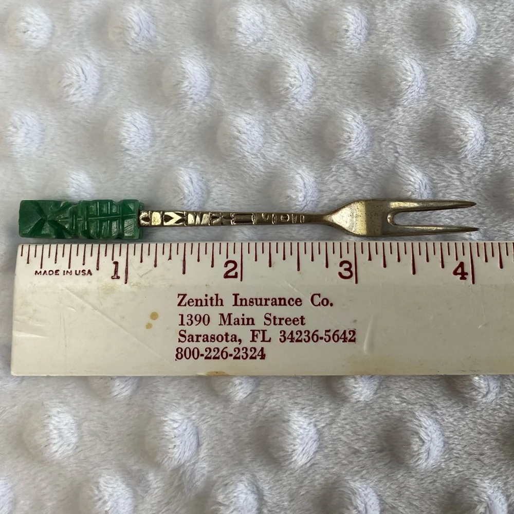 Vintage Hand Carved Jade and Sterling Silver Relish/Cocktail Forks